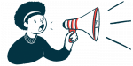 Illustration of a woman making an announcement using a bullhorn.