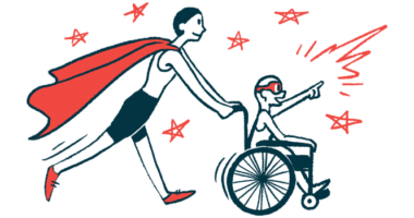 An illustration of a person wearing a cape pushing a child in a wheelchair.