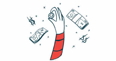 An illustration of an arm in the air holding a coin surrounded by dollar signs and two stacks of $100 bills