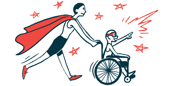 All Wheels Up for airplane accessibility | illustration of child in wheelchair pushed by adult with cape