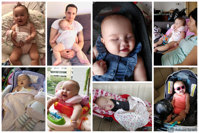 Aspiration after feeding | AADC News | A photo collage shows the many different ways that Mom and Dad keep Rylae-Ann upright to avoid aspiration