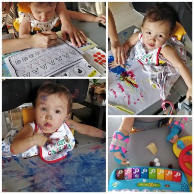Standing with AADC | AADC News | Photo collage of Rylae-Ann doing sensory play while in her stander.