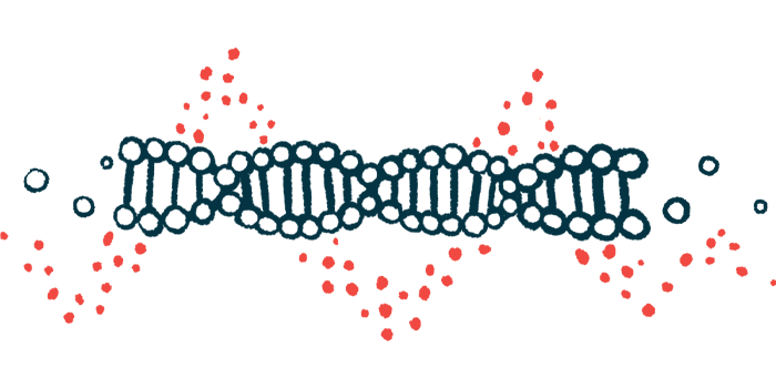 A strand of DNA is shown, with blood vessels making a chain through it.