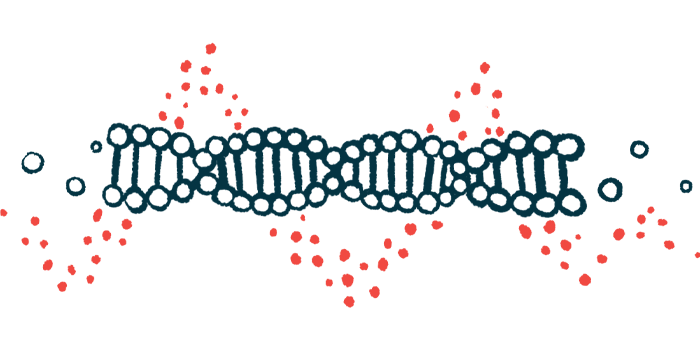 A strand of DNA is shown, with blood vessels making a zig-zag pattern through it.