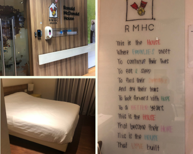 Ronald McDonald House | AADC News | views from a Ronald McDonald House in Singapore: top left, outside of a room; bottom left, a bed; and right, signage.