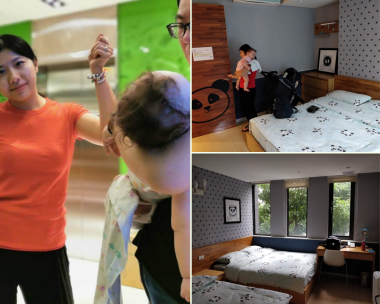 Ronald McDonald House | AADC News | three pictures from a Ronald McDonald House in Taiwan. At left, Judy, Rylae-Ann's mother, holds a bracelet up while a volunteer comforts the infant; at top right, Rylae-Ann stands near a low bed; and bottom right, two beds and a desk in a Ronald McDonald bedroom.
