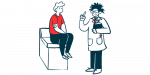 A patient sits on an examining table while a doctor, gesturing with one hand and holding a clipboard with the other, talks.