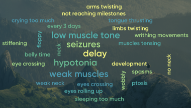 AADC symptoms | AADC News | A word cloud of common search terms among the AADC deficiency community includes low muscle tone, seizures, delay, and hypotonia.