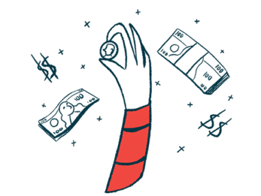 A hand, flanked by bills and dollar signs, holds a coin.