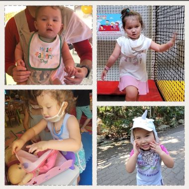 excessive drooling | AADC News | A collage of photos shows Rylae-Ann wearing various accessories to help absorb her drooling, including bibs and scarves.