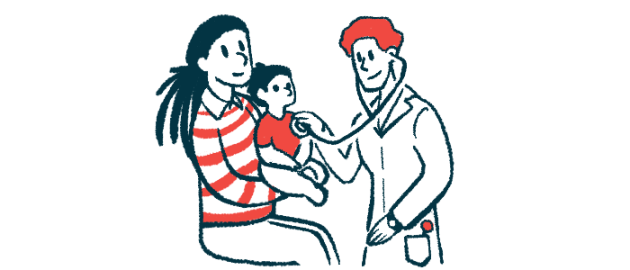 Illustration of a baby being held by mom during a doctor visit.