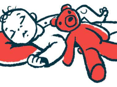 An infant is shown sleeping with a teddy bear.