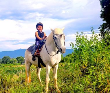 negative comments | AADC News | Rylae-Ann sits atop a small white horse in a green field with mountains in the background. She is holding the reins, wearing a riding helmet, and smiling.