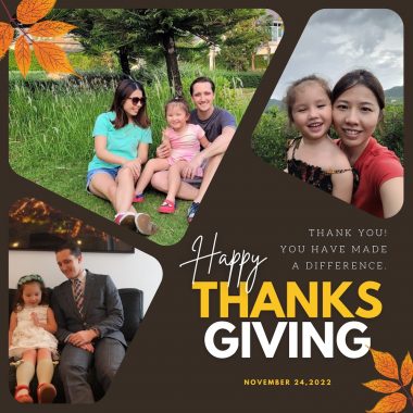 A Thanksgiving photo collage shows a young couple and their daughter, who has AADC deficiency, in three photos of various settings. The illustration includes text that says "Happy Thanksgiving; Thank you, you have made a difference"