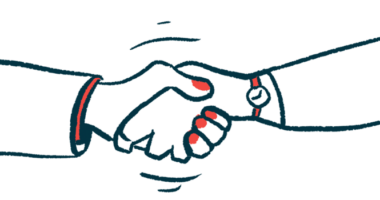 This illustration shows a close-up view of a handshake.