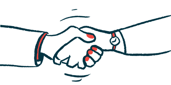 This illustration shows a close-up view of a handshake between two people.