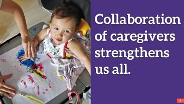 A slide from a presentation features a photo of a young girl with AADC deficiency doing finger painting. She's sitting at a table while an adult places her hand on a swatch of blue. The slide highlights the importance of collaboration for rare disease parents, reading: "Collaboration of caregivers strengthens us all."