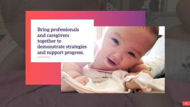A slide from a presentation features a photo of a young girl with AADC deficiency lying on what appears to be a white blanket. A text box highlights a goal of Teach RARE's online series: "Bring professionals and caregivers together to demonstrate strategies and support progress."