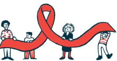 An illustration showing people holding a red ribbon.
