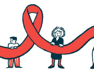 Four people each hold up a portion of a giant awareness ribbon.
