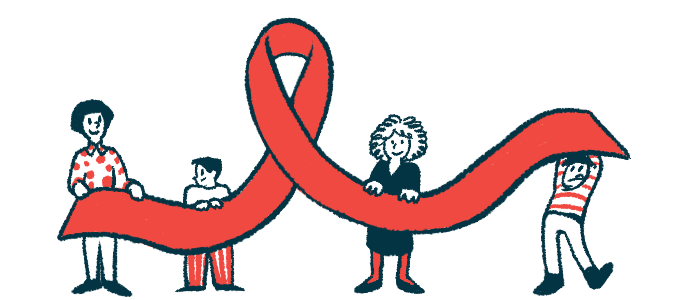 An illustration showing people holding a red ribbon.