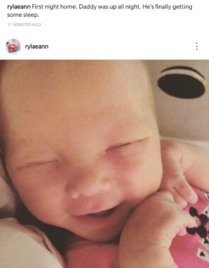 A screenshot of an Instagram post shows a close-up photo of a newborn baby girl.
