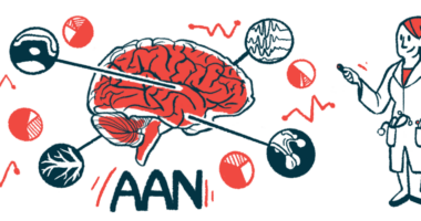 An illustration of a person standing beside a large brain model, for the AAN conference.