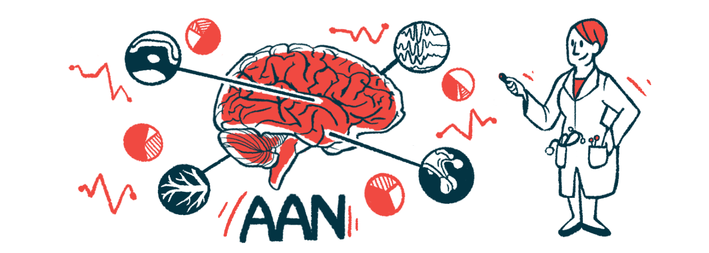 An illustration of a person standing beside a large brain model, for the AAN conference.