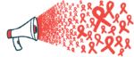 Dozens of red ribbons burst out of a megaphone in this awareness illustration.