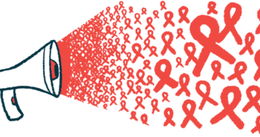 Dozens of red ribbons burst out of a megaphone in this awareness illustration.