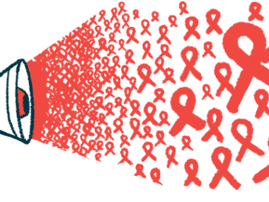 Dozens of red ribbons burst out of a megaphone in this awareness illustration.