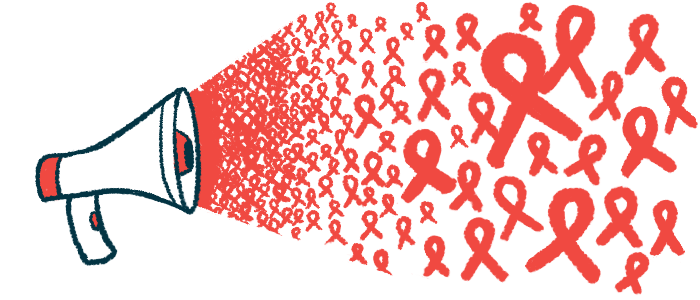 Dozens of red ribbons burst out of a megaphone in this awareness illustration.