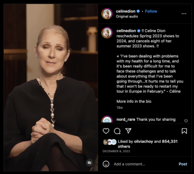An Instagram screenshot shows Celine Dion appearing in a video to announce to her followers that she has stiff-person syndrome. She's wearing all black and sitting in a chair, with her hands folded on her lap.