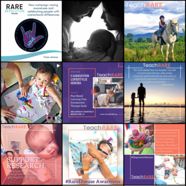 A collage of photos posted on Rare Revolution Magazine's Instagram account as part of the #TakeoverTuesday project. The photos highlight the Teach RARE nonprofit as well as the Poulin family's journey with AADC deficiency.
