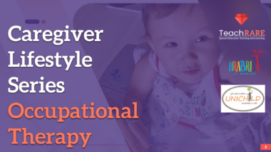 A rectangular flyer is largely purple, with the image of an infant on the right, behind the color screen. At left are the words "Caregiver Lifestyle Series" in white and "Occupational Therapy" in orange. At far right are the logos of three organizations.