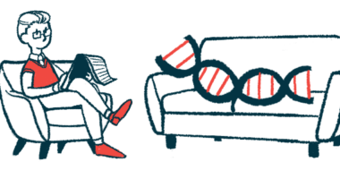 In this gene therapy illustration, a strand of DNA is shown on a couch while a therapist sits on a chair nearby.