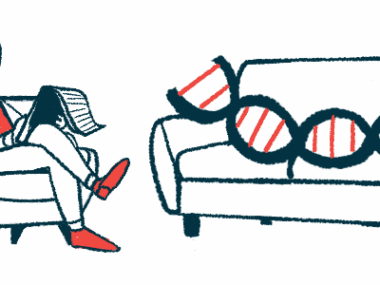 In this gene therapy illustration, a strand of DNA is shown on a couch while a therapist sits on a chair nearby.