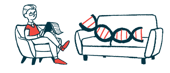 In this gene therapy illustration, a strand of DNA is shown on a couch while a therapist sits on a chair nearby.