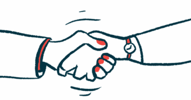 This illustration of an agreement being reached shows two arms engaged in a handshake.