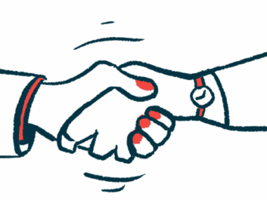 This illustration of an agreement being reached shows two arms engaged in a handshake.