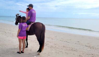 A photo on the beach shows the backsides of three people — a mother, father, and daughter - and a horse. The father and daughter are on the horse, while the mother stands to the side. The adults are wearing purple shirts, and the daughter wears a pink one. She's pointing at something out of frame. 