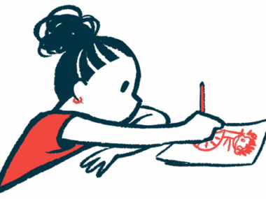 A child with hair up in a messy bun draws a picture on a piece of paper.