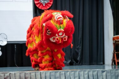 Lion dancers perform onstage in celebration of the Lunar New Year.