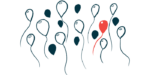 A red balloon is surrounded by white and black ones, to convey the concept of rare.