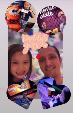 A photo collage of a young girl and her father. In the center of six photos is the text "Daddy's girl." The bottom two photos are in the shape of a heart. The photos show various moments of an outing by the two to a movie theater. 