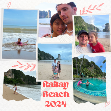 A photo collage of various family photos at the beach. Text on the collage reads "Railay Beach 2024." 