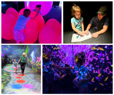 A four-photo collage shows young kids playing and interacting with digital art. 