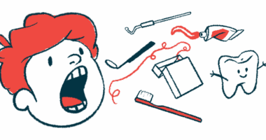This illustration representing oral health shows a child's face with their mouth wide open next to a pair of dental instruments, a toothbrush, a tube of toothpaste, a container of floss, and a smiling tooth character with outstretched arms.