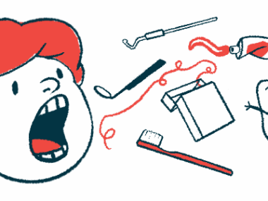 This illustration representing oral health shows a child's face with their mouth wide open next to a pair of dental instruments, a toothbrush, a tube of toothpaste, a container of floss, and a smiling tooth character with outstretched arms.