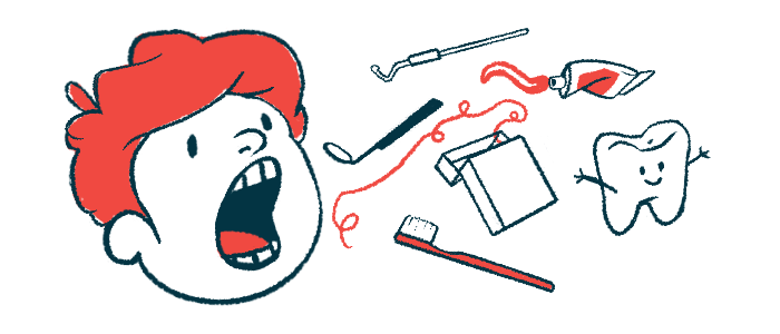 This illustration representing oral health shows a child's face with their mouth wide open next to a pair of dental instruments, a toothbrush, a tube of toothpaste, a container of floss, and a smiling tooth character with outstretched arms.